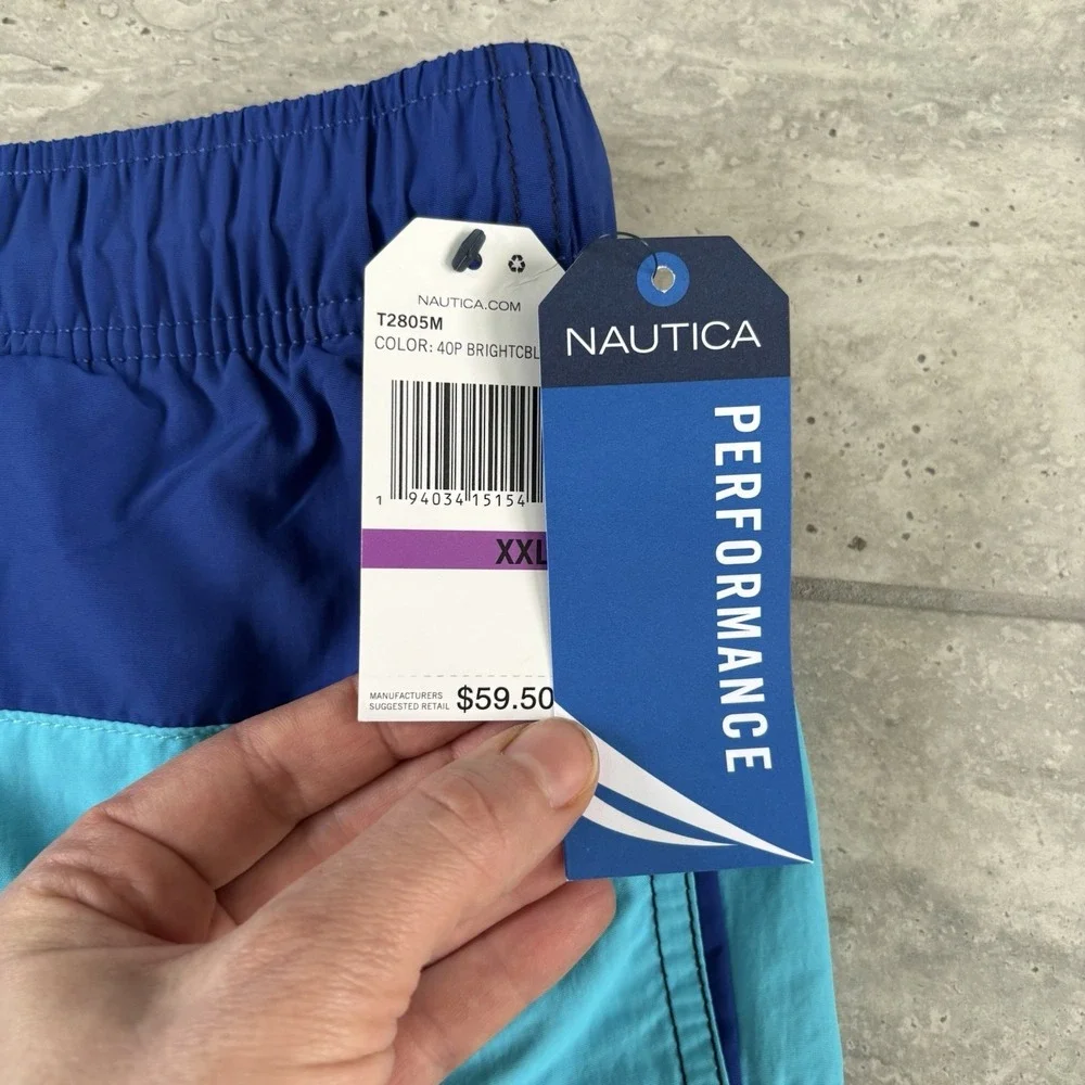 NWT Nautica Men's Swim Trunks XXL  Blue Colorblock Beachwear Linned 6
